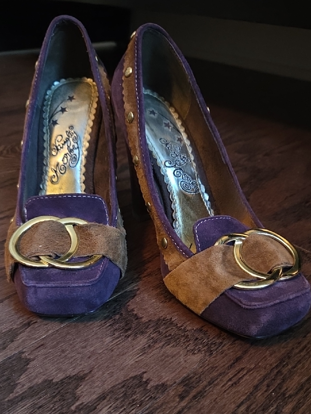 naughty monkey Purple and Brown Suede Heels with Gold Rings